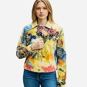 La Cité Paris Yellow Multicolor Abstract Print Corduroy Jacket Women’s M